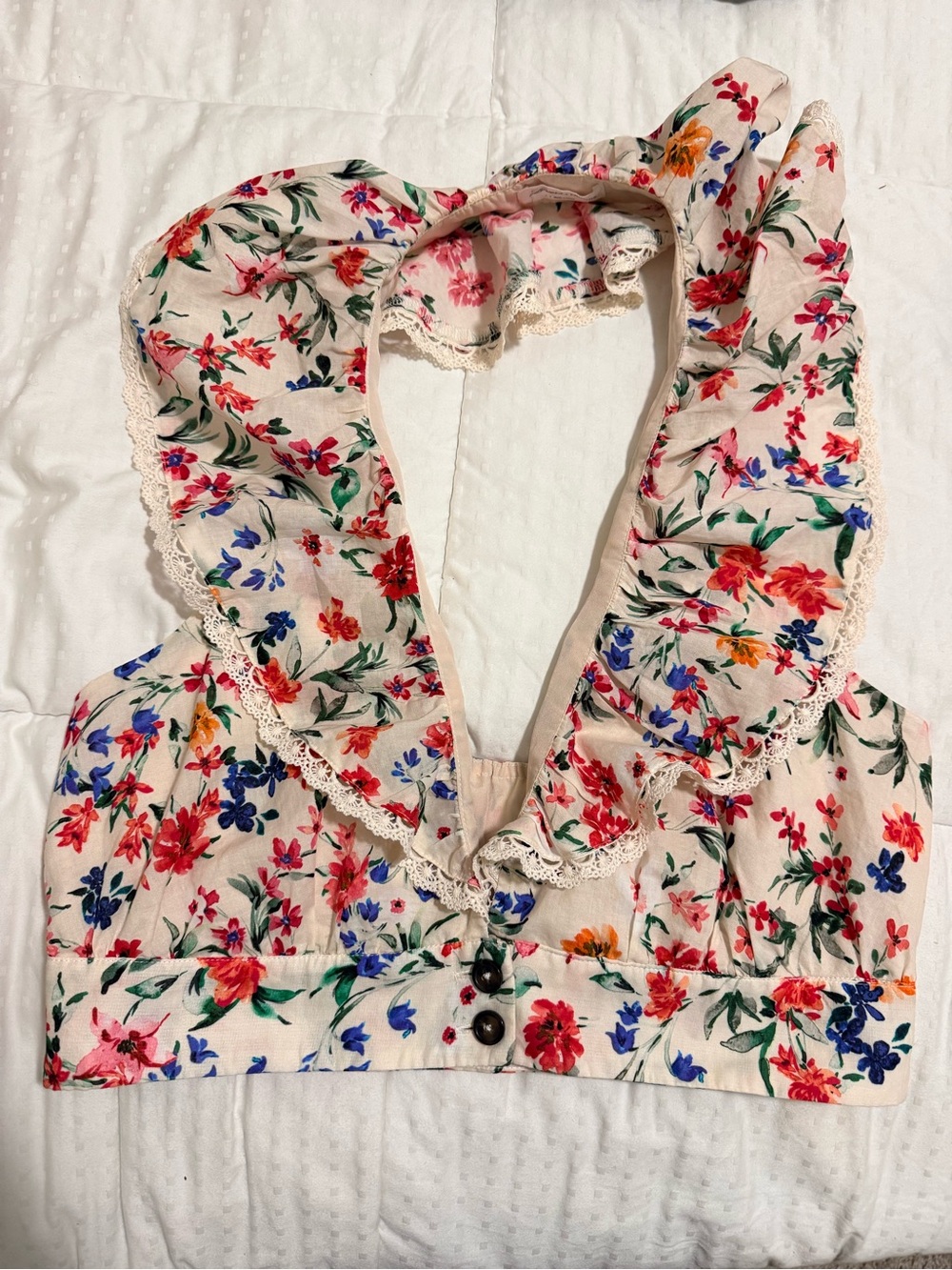 Lovers + Friends Cream Floral Ruffle Halter Crop Top